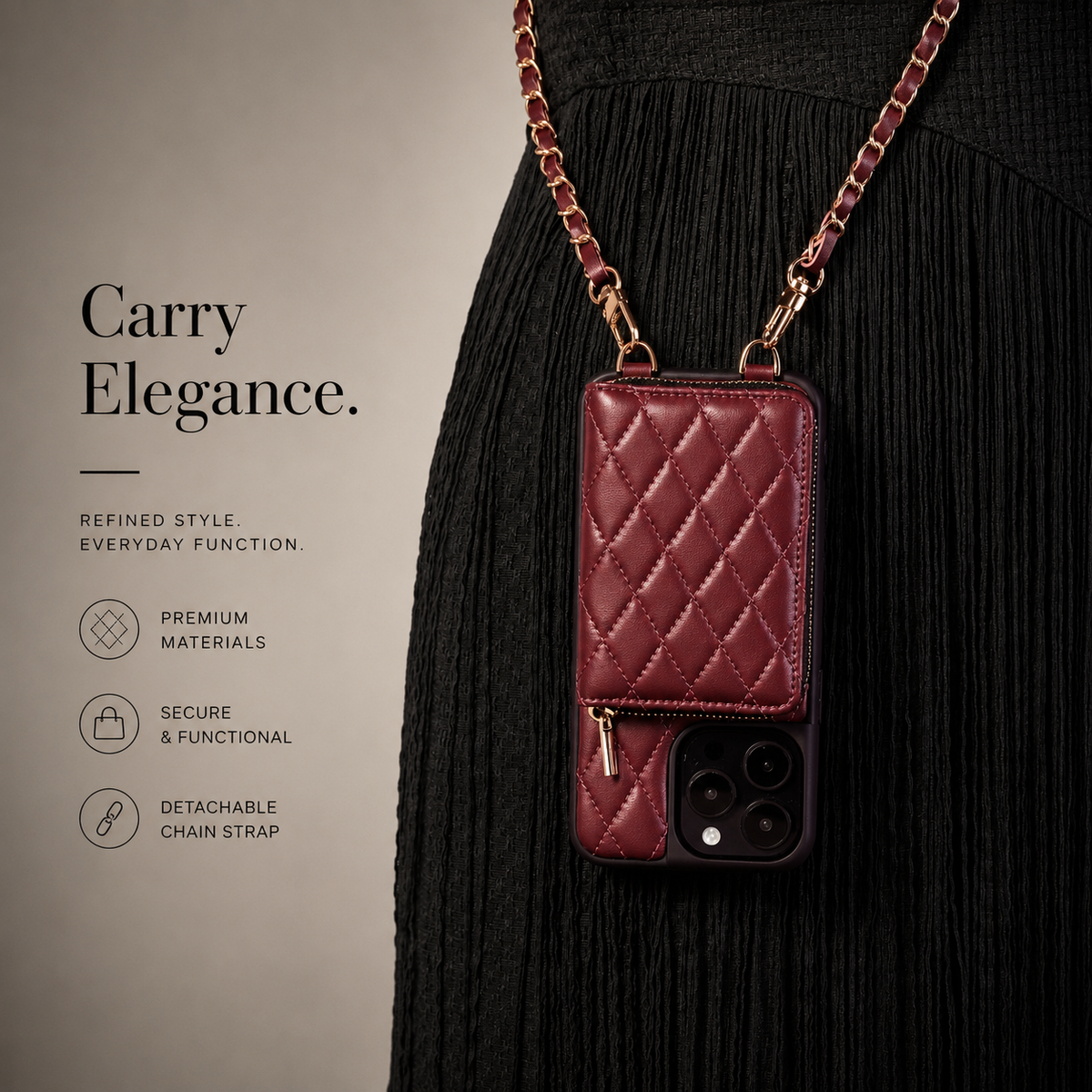 Premium iPhone Case Crossbody Wallet Leather Protective Cover Card Holder Chain Strap Shockproof Non Slip Portable Diamond Stitch Full Coverage Design