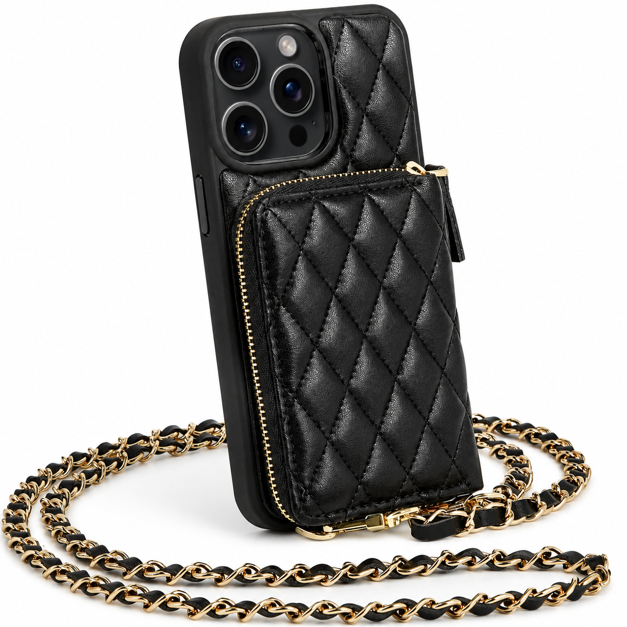 Premium iPhone Case Crossbody Wallet Leather Protective Cover Card Holder Chain Strap Shockproof Non Slip Portable Diamond Stitch Full Coverage Design