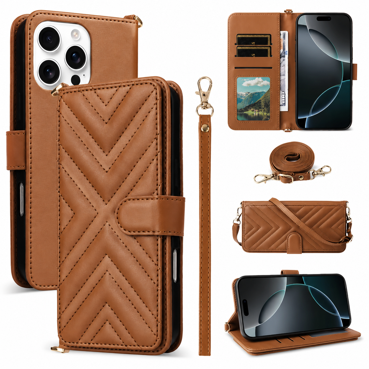 Premium iPhone Case Crossbody Wallet PU Leather Cover Card Holder Shoulder Strap Magnetic Closure Shockproof Full Coverage Slim Design