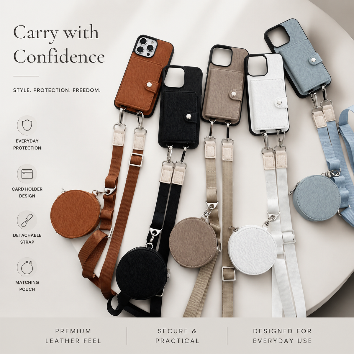 Premium iPhone Case Crossbody Wallet PU Leather RFID Card Holder Coin Pocket Shoulder Strap Magnetic Closure Shockproof Slim Protective Design
