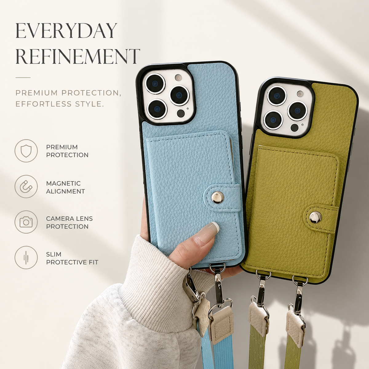 Premium iPhone Case Crossbody Wallet PU Leather RFID Card Holder Coin Pocket Shoulder Strap Magnetic Closure Shockproof Slim Protective Design
