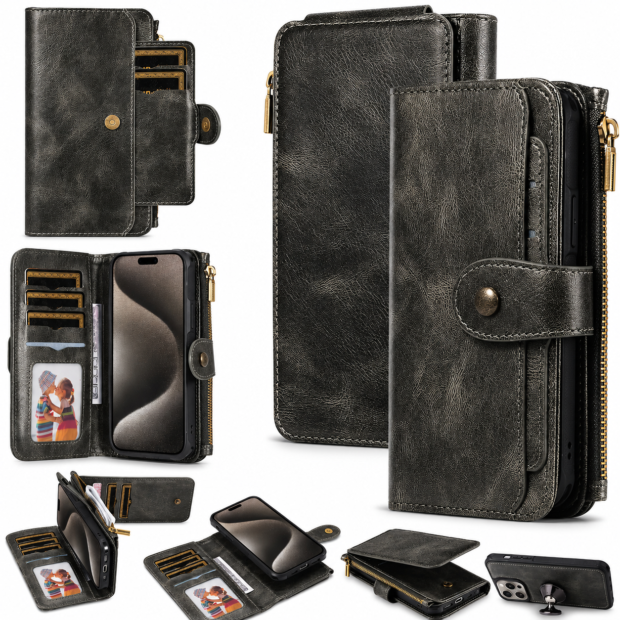 Premium iPhone Case Detachable Wallet Cover Zipper Card Holder PU Leather Shockproof Full Coverage Anti Fingerprint Non Slip Protective Design