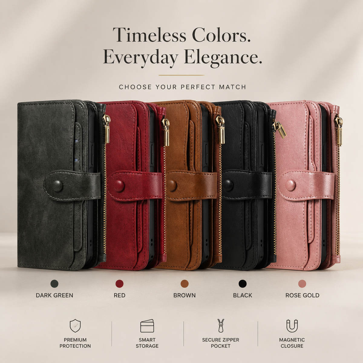 Premium iPhone Case Detachable Wallet Cover Zipper Card Holder PU Leather Shockproof Full Coverage Anti Fingerprint Non Slip Protective Design
