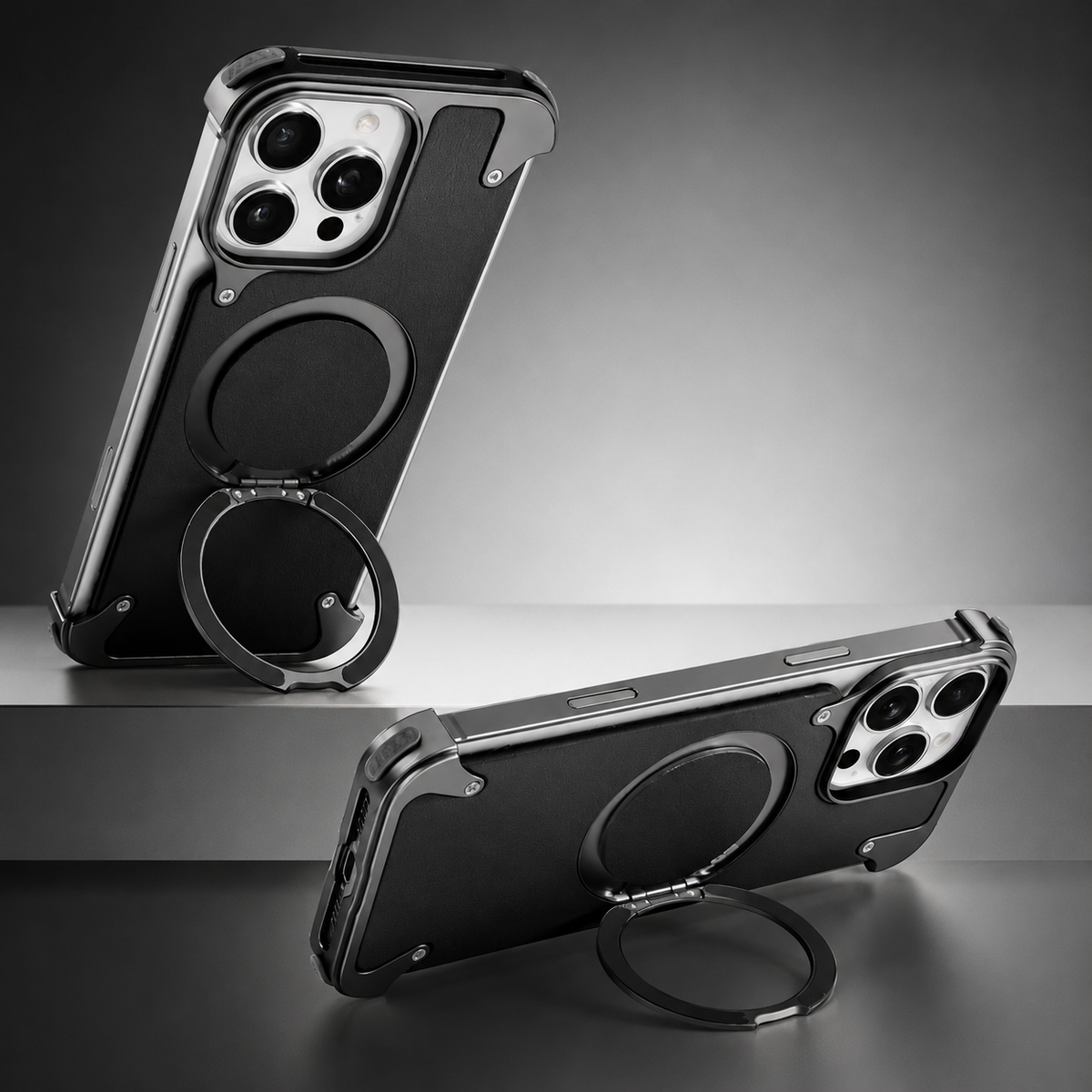 Premium iPhone Case Genuine Leather Magnetic Cover MagSafe Compatible Frameless Rotating Stand Ring Shockproof Anti Drop Protection Slim Profile