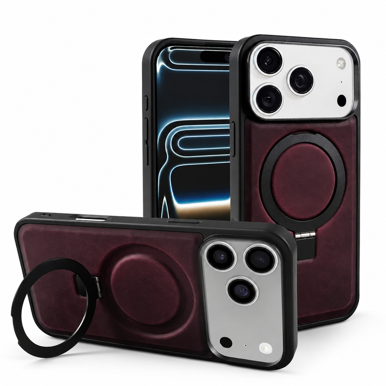Premium iPhone Case Genuine Leather Magnetic Kickstand Foldable Bracket Stand Shockproof Protective Cover Slim Full Coverage Back Shell Design