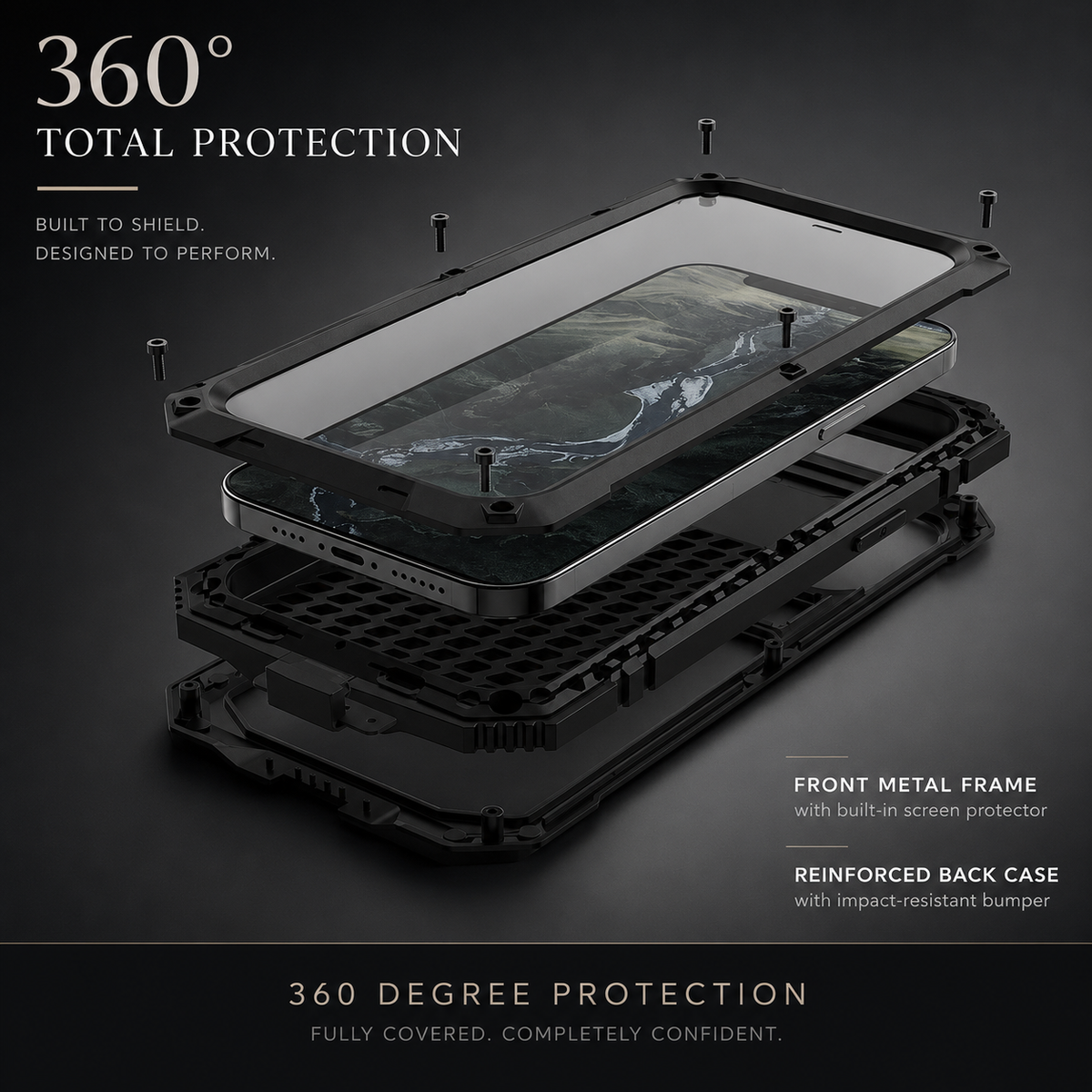 Premium iPhone Case Heavy Duty Aluminum Metal Armor Cover Tempered Glass Screen Shockproof Water Resistant Full Body Kickstand Camera Protection