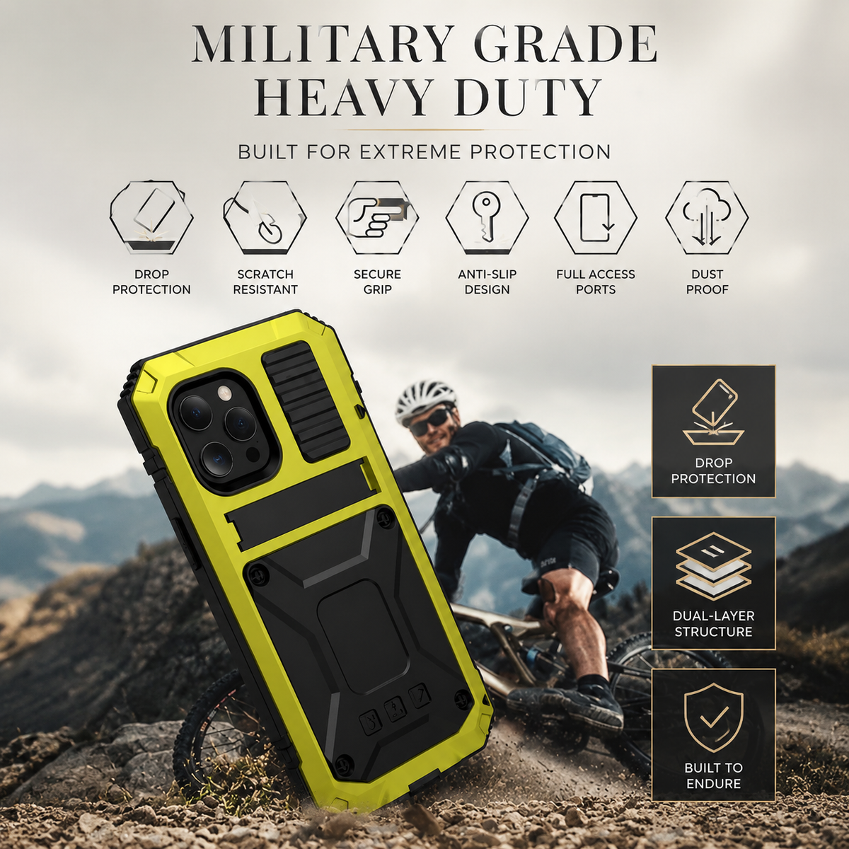 Premium iPhone Case Heavy Duty Aluminum Metal Armor Cover Tempered Glass Screen Shockproof Water Resistant Full Body Kickstand Camera Protection