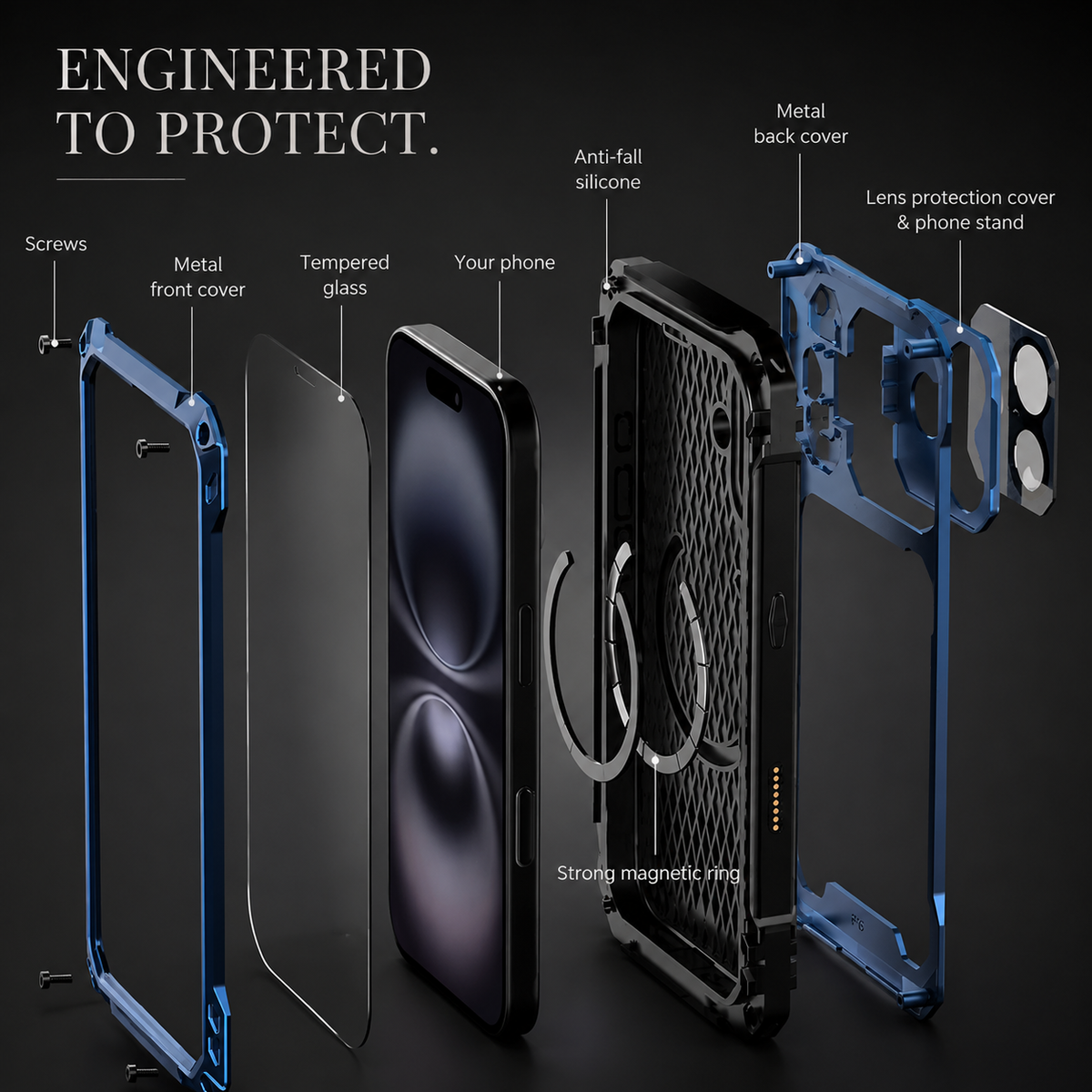 Premium iPhone Case Heavy Duty Metal MagSafe Cover Camera Guard Kickstand 9H Screen Protector Shockproof Aluminum Bumper Full Coverage Protective Design