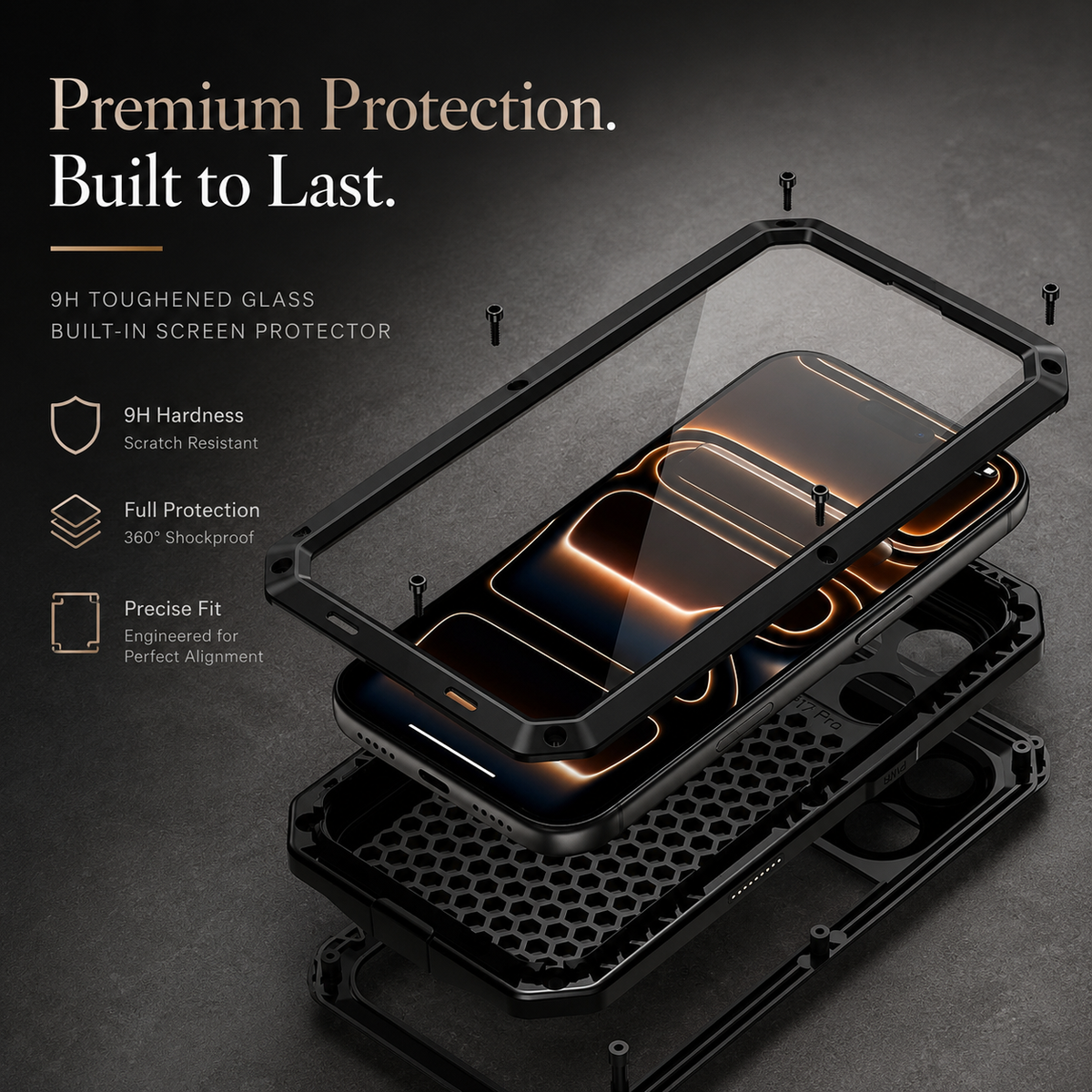 Premium iPhone Case Heavy Duty Metal Protective Cover Built In Glass Screen Protector Shockproof TPU PC Rugged Camera Protection Full Coverage