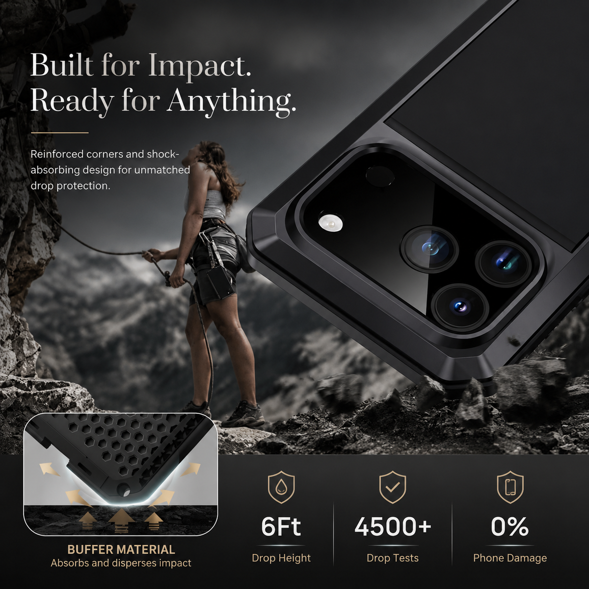 Premium iPhone Case Heavy Duty Metal Protective Cover Built In Glass Screen Protector Shockproof TPU PC Rugged Camera Protection Full Coverage