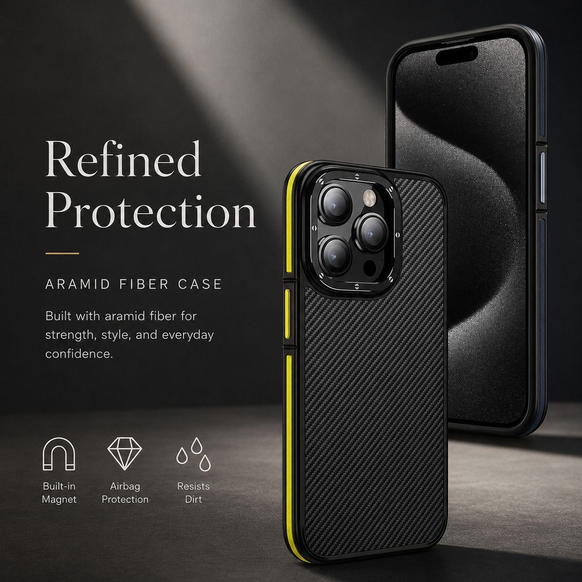 Premium iPhone Case MagSafe Compatible 600D Kevlar Magnetic Cover Metal Camera Ring Shockproof PC TPU Slim Half Wrapped Protective Design