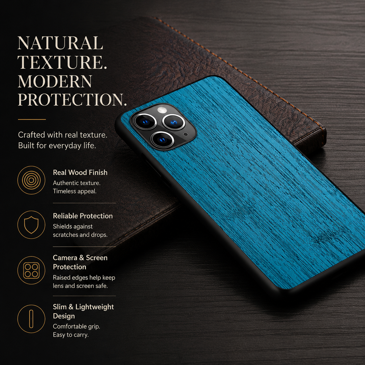 Premium iPhone Case MagSafe Compatible Bamboo Wood Leather Texture Cover Slim Shockproof Protective Camera Lens Protection Natural Finish Design