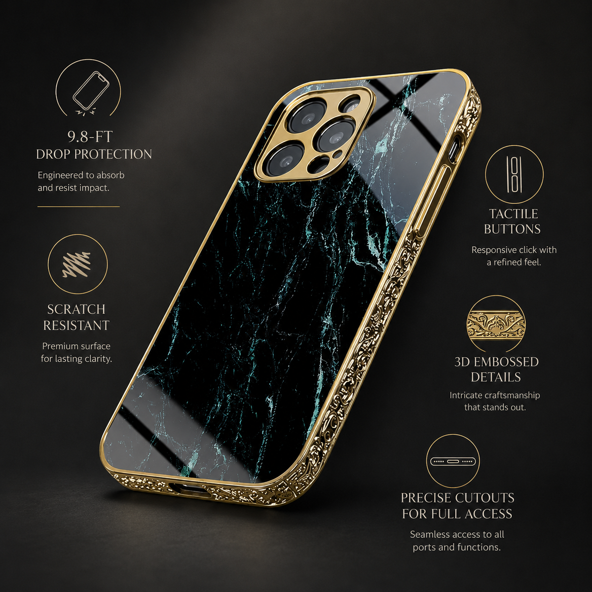 Premium iPhone Case MagSafe Compatible Black Marble Texture Magnetic Cover Gold Edge Shockproof Protective Camera Lens Guard 3D Grip Slim Design
