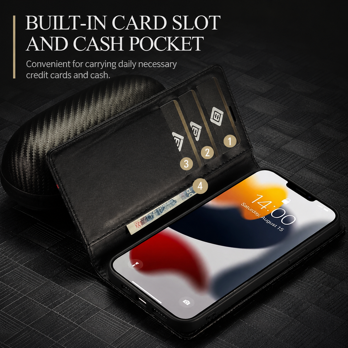 Premium iPhone Case MagSafe Compatible Carbon Fiber Leather Flip Wallet Cover Card Holder Stand Magnetic Shockproof Camera Lens Protection Slim Design