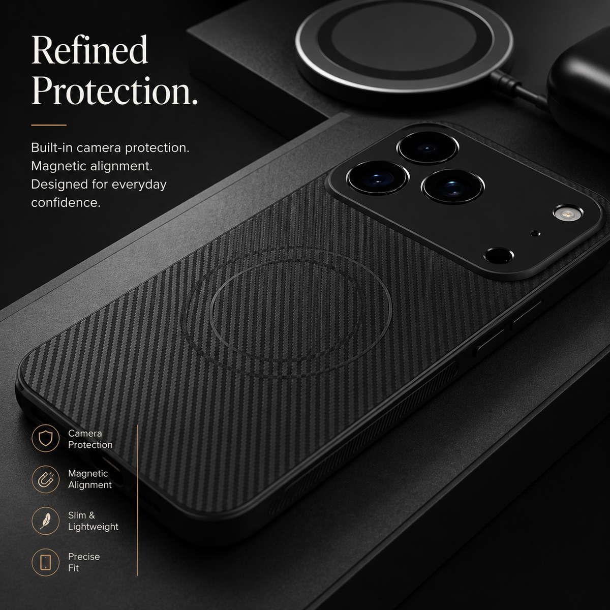 Premium iPhone Case MagSafe Compatible Carbon Fiber Magnetic Cover Ultra Thin Shockproof Camera Protection Slim Lightweight Anti Scratch Design