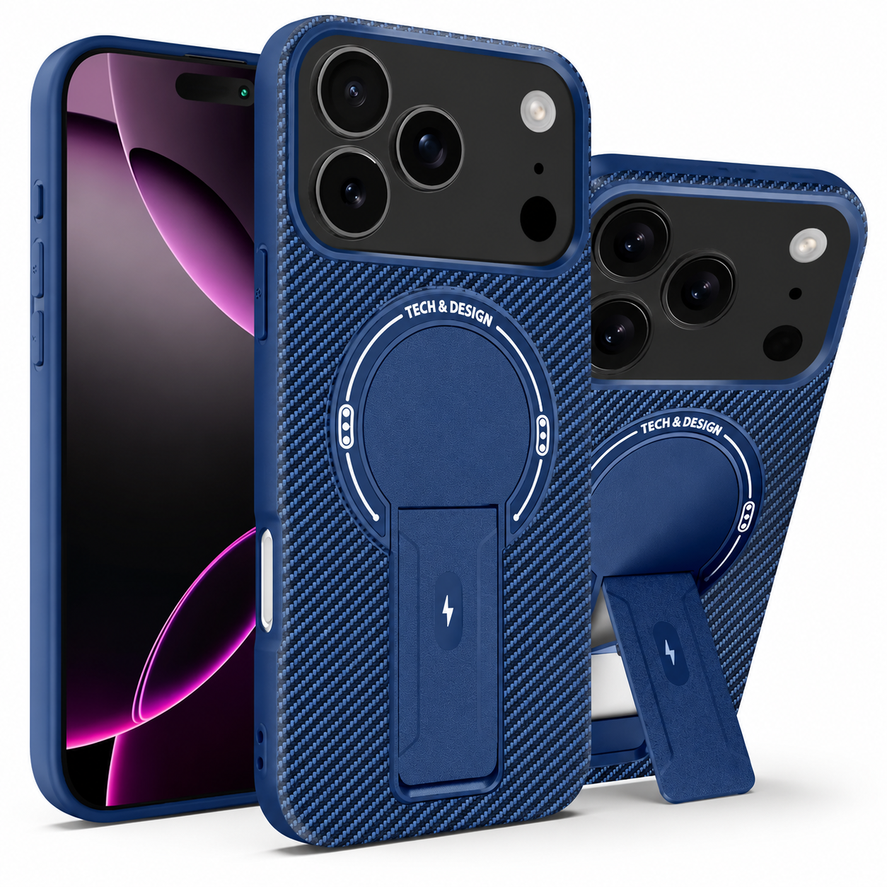 Premium iPhone Case MagSafe Compatible Carbon Fiber Pattern Fold Stand Shockproof Dual Layer Military Grade Protective Cover Full Coverage Armor Design