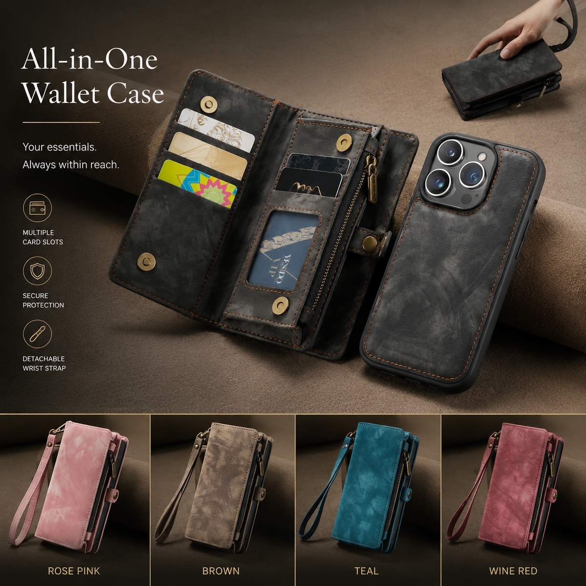 Premium iPhone Case MagSafe Compatible Detachable Leather Wallet Cover Flip Stand Card Holder Magnetic Shockproof Camera Lens Protection Slim Design