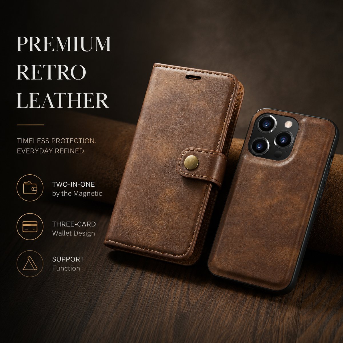 Premium iPhone Case MagSafe Compatible Detachable Leather Wallet Cover Magnetic Card Holder Shockproof Protective Camera Lens Protection Slim Design