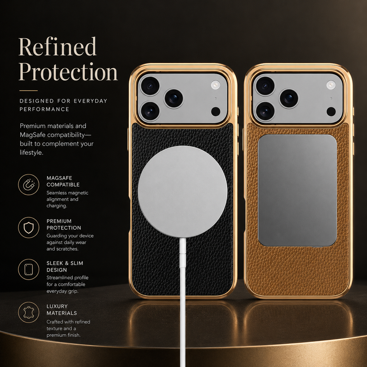 Premium iPhone Case MagSafe Compatible Genuine Cowhide Leather Protective Cover Lychee Texture Shockproof Anti Fingerprint Slim Full Coverage Design
