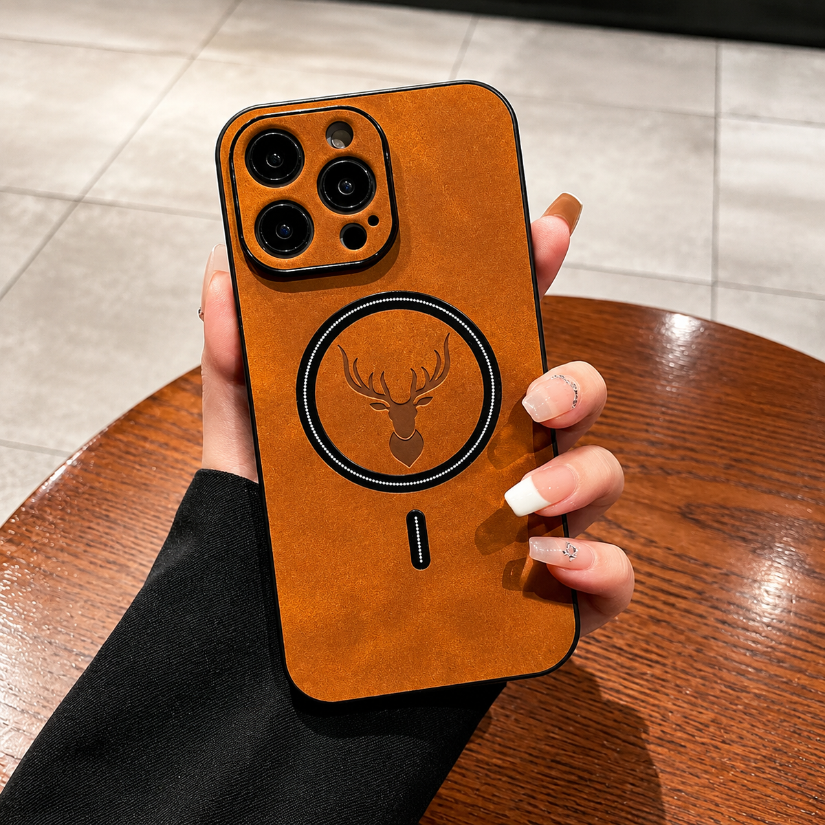 Premium iPhone Case MagSafe Compatible Genuine Deer Leather Cover Bumper Frame Magnetic Shockproof Protective Camera Lens Guard Slim Design