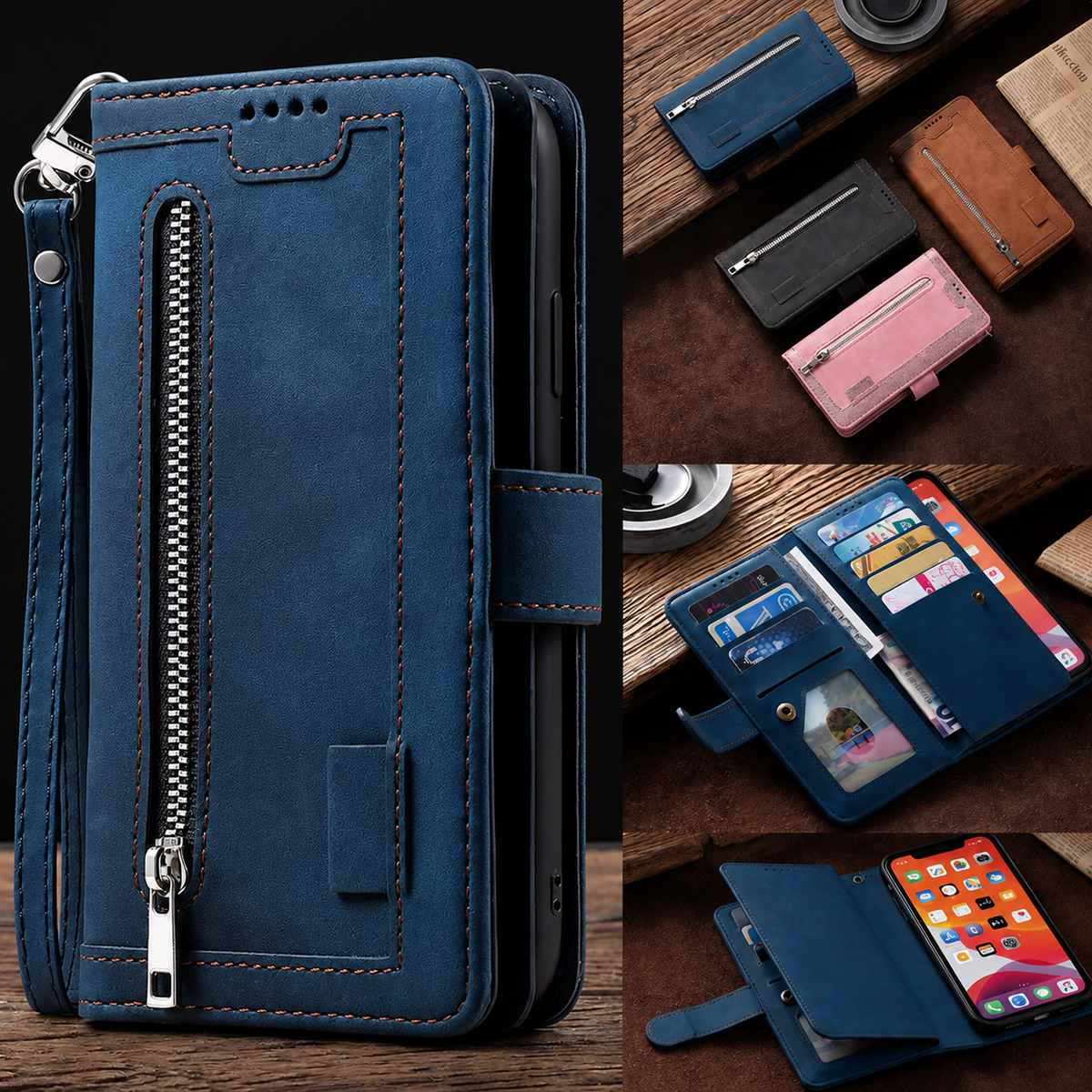 Premium iPhone Case MagSafe Compatible Leather Flip Wallet Cover Zipper Card Holder Strap Stand Magnetic Shockproof Camera Lens Protection Slim Design