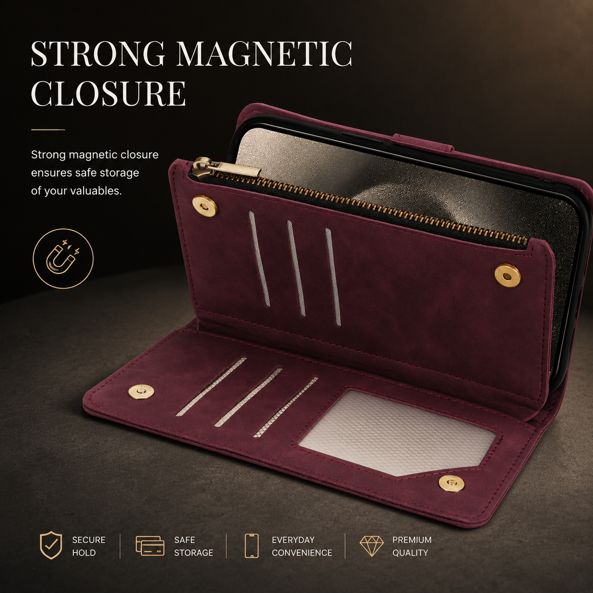 Premium iPhone Case MagSafe Compatible Leather Wallet Cover Card Holder Magnetic Closure Shockproof Protective Camera Lens Guard Slim Design