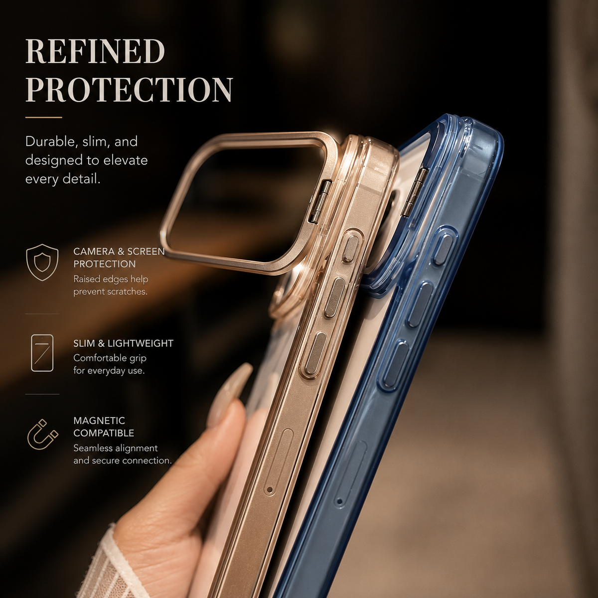 Premium iPhone Case MagSafe Compatible Magnetic Clear Protective Cover Camera Lens Stand Shockproof PC TPU Bumper Slim Full Coverage Design