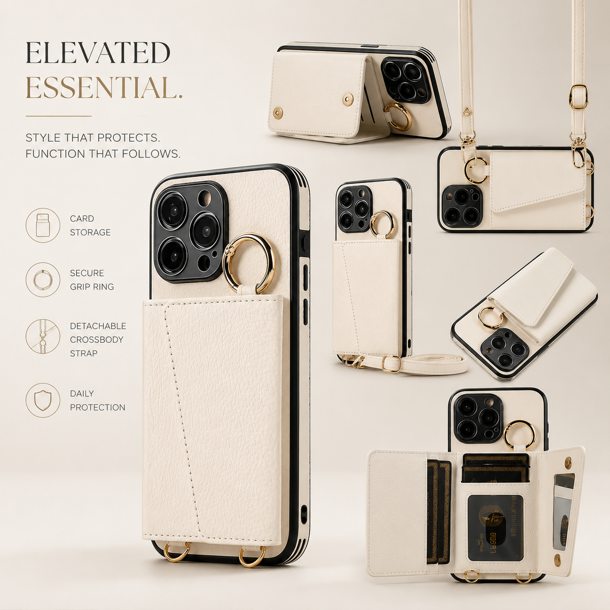 Premium iPhone Case MagSafe Compatible Magnetic Crossbody Wallet Cover PU Leather Card Holder Finger Ring Stand Strap Shockproof Full Coverage Design
