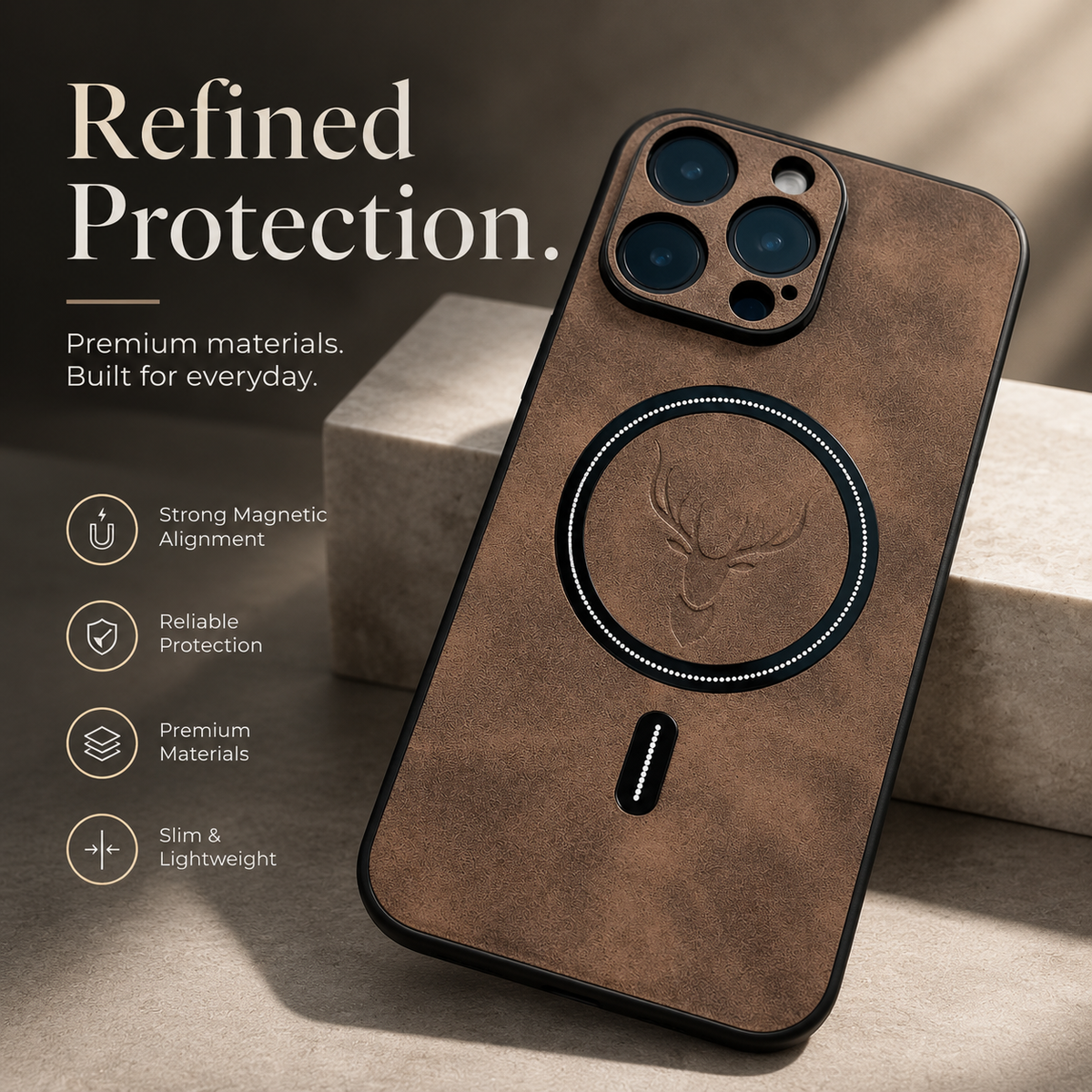 Premium iPhone Case MagSafe Compatible Magnetic Leather Cover Deer Head Design Shockproof Soft Protection Anti Fingerprint Matte Non Slip Slim