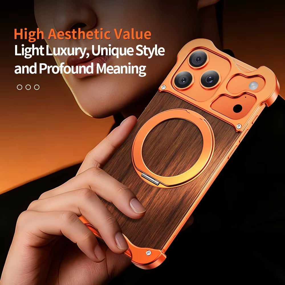 Premium iPhone Case MagSafe Compatible Magnetic Protective Cover Wood Back Aluminum Frame Rotating Ring Stand Shockproof Camera Lens Protection Slim Design