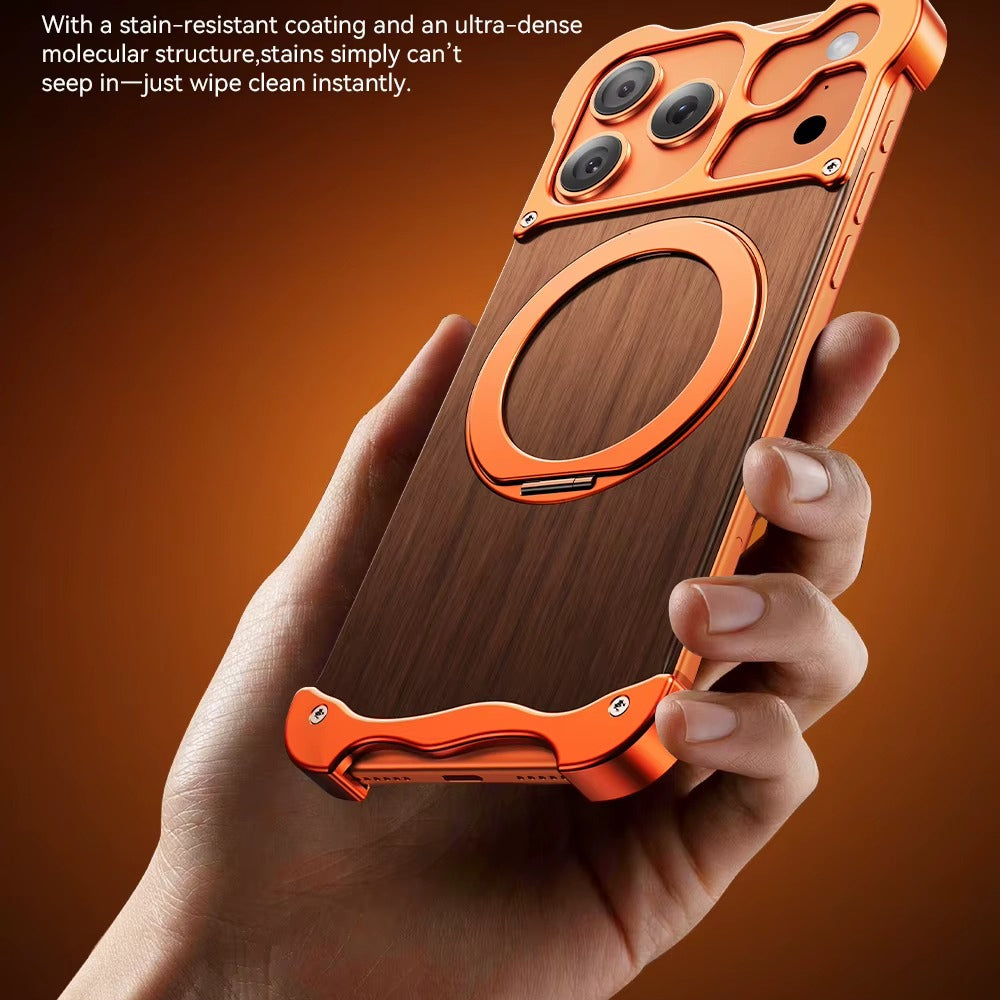 Premium iPhone Case MagSafe Compatible Magnetic Protective Cover Wood Back Aluminum Frame Rotating Ring Stand Shockproof Camera Lens Protection Slim Design