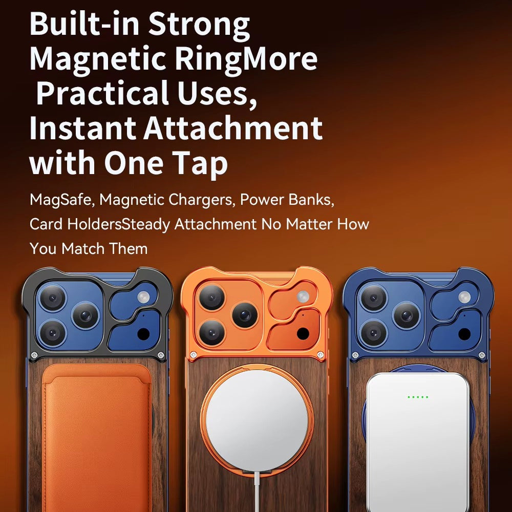 Premium iPhone Case MagSafe Compatible Magnetic Protective Cover Wood Back Aluminum Frame Rotating Ring Stand Shockproof Camera Lens Protection Slim Design