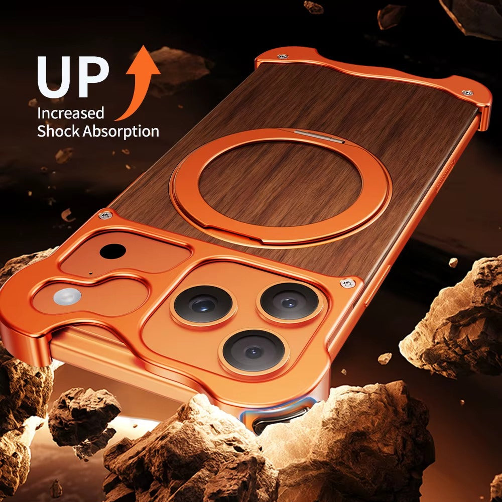 Premium iPhone Case MagSafe Compatible Magnetic Protective Cover Wood Back Aluminum Frame Rotating Ring Stand Shockproof Camera Lens Protection Slim Design