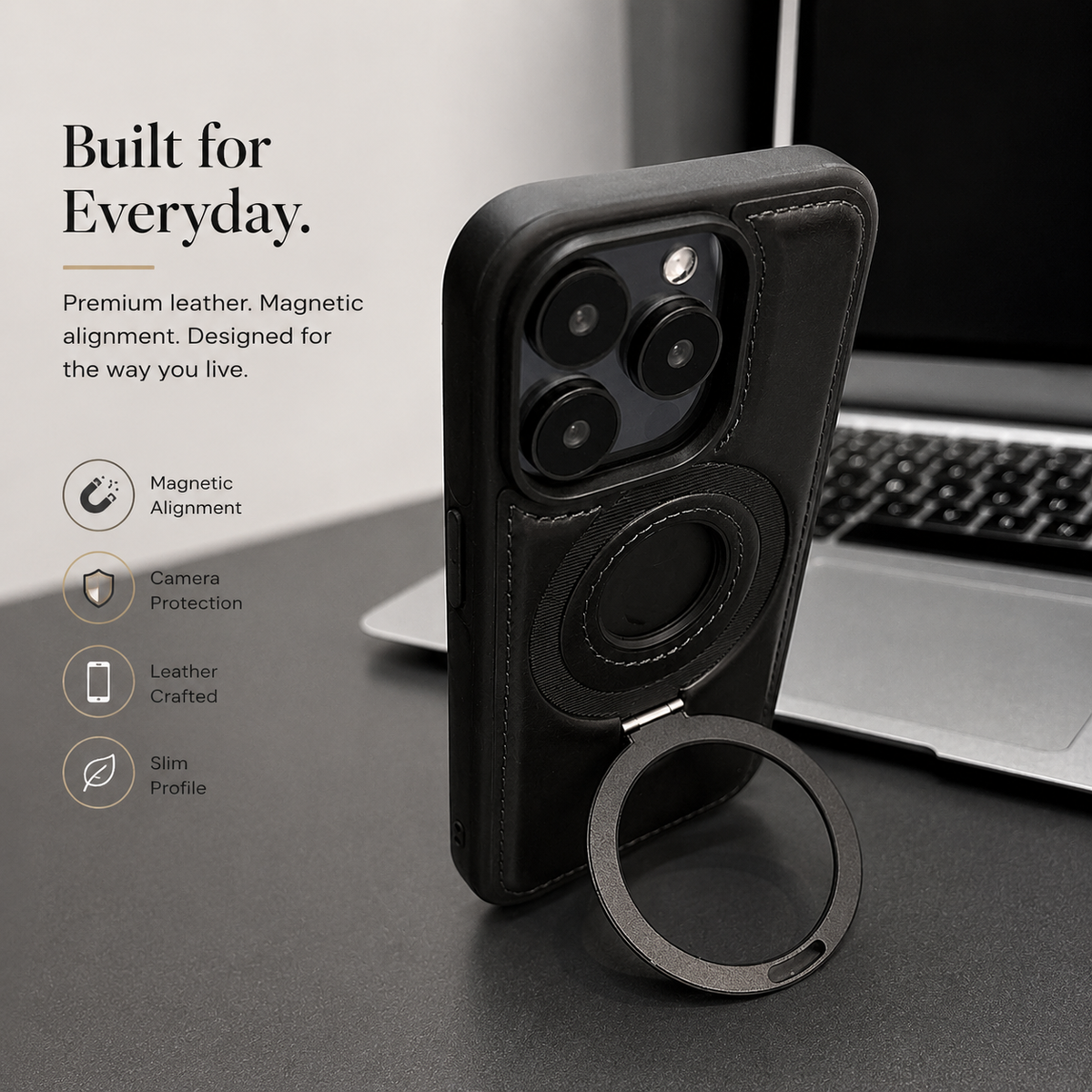 Premium iPhone Case MagSafe Compatible PU Leather Ring Stand Magnetic Cover 360 Rotating Kickstand Shockproof Camera Lens Protection Slim Design