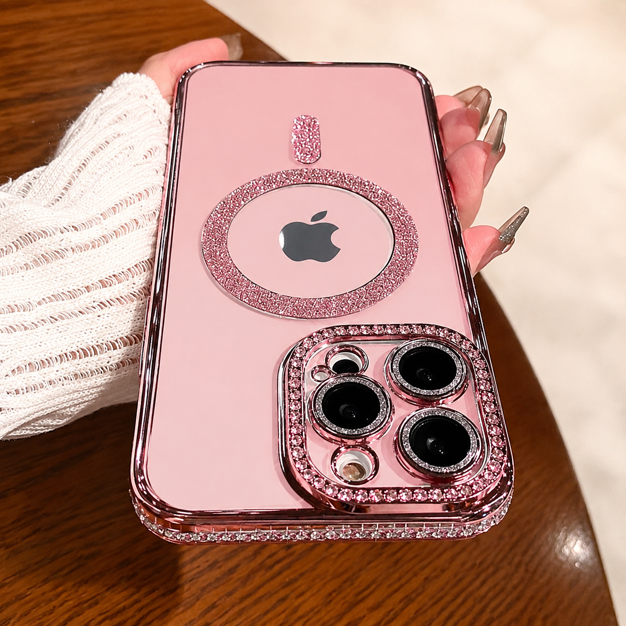 Premium iPhone Case MagSafe Compatible Pink Glitter Clear Magnetic Cover Diamond Texture Shockproof Protective Camera Lens Guard Slim Design