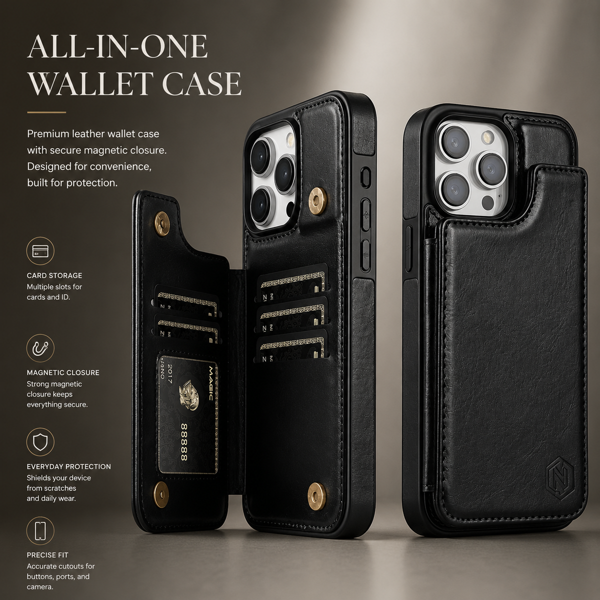 Premium iPhone Case MagSafe Compatible RFID Blocking Leather Flip Wallet Cover Card Holder Magnetic Closure Stand Shockproof Protective Design