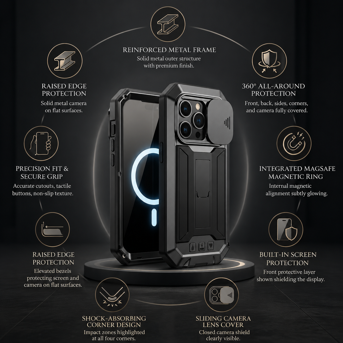 Premium iPhone Case MagSafe Compatible Rugged Armor Metal Hybrid Cover Full Body Shockproof Camera Protector Tempered Glass Waterproof Design