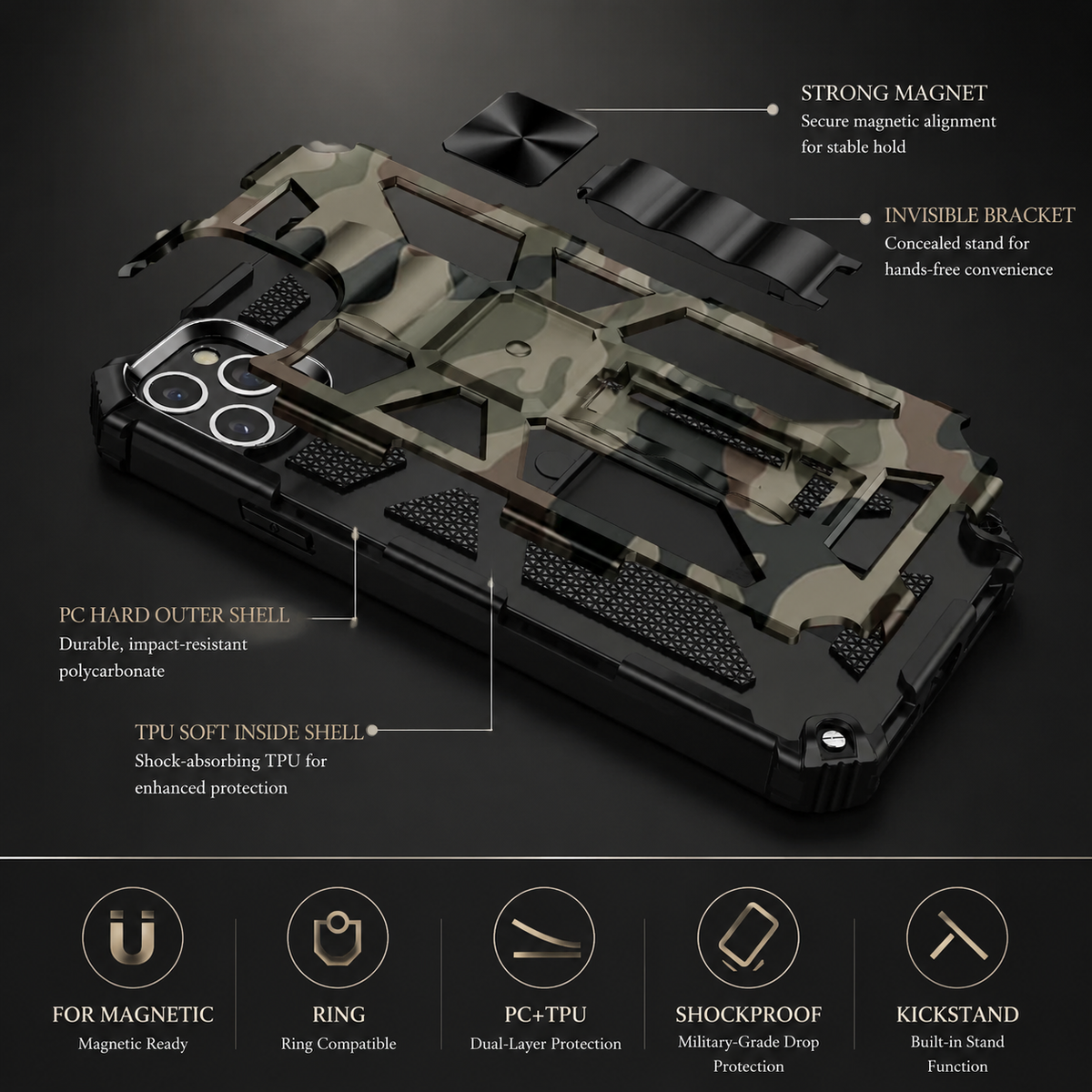 Premium iPhone Case MagSafe Compatible Rugged Camouflage Armor Cover Kickstand Magnetic Shockproof Heavy Duty Camera Lens Guard Full Coverage Design