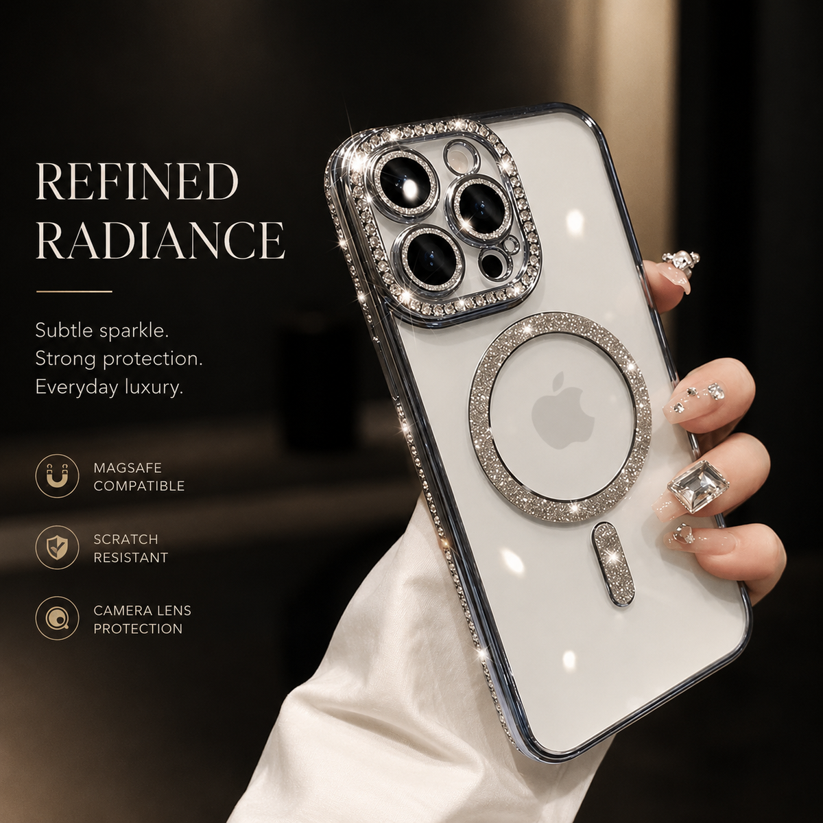 Premium iPhone Case MagSafe Compatible Transparent Glitter Diamond Design Shockproof Bumper Protective Cover Camera Lens Guard Ultra Thin Slim Design