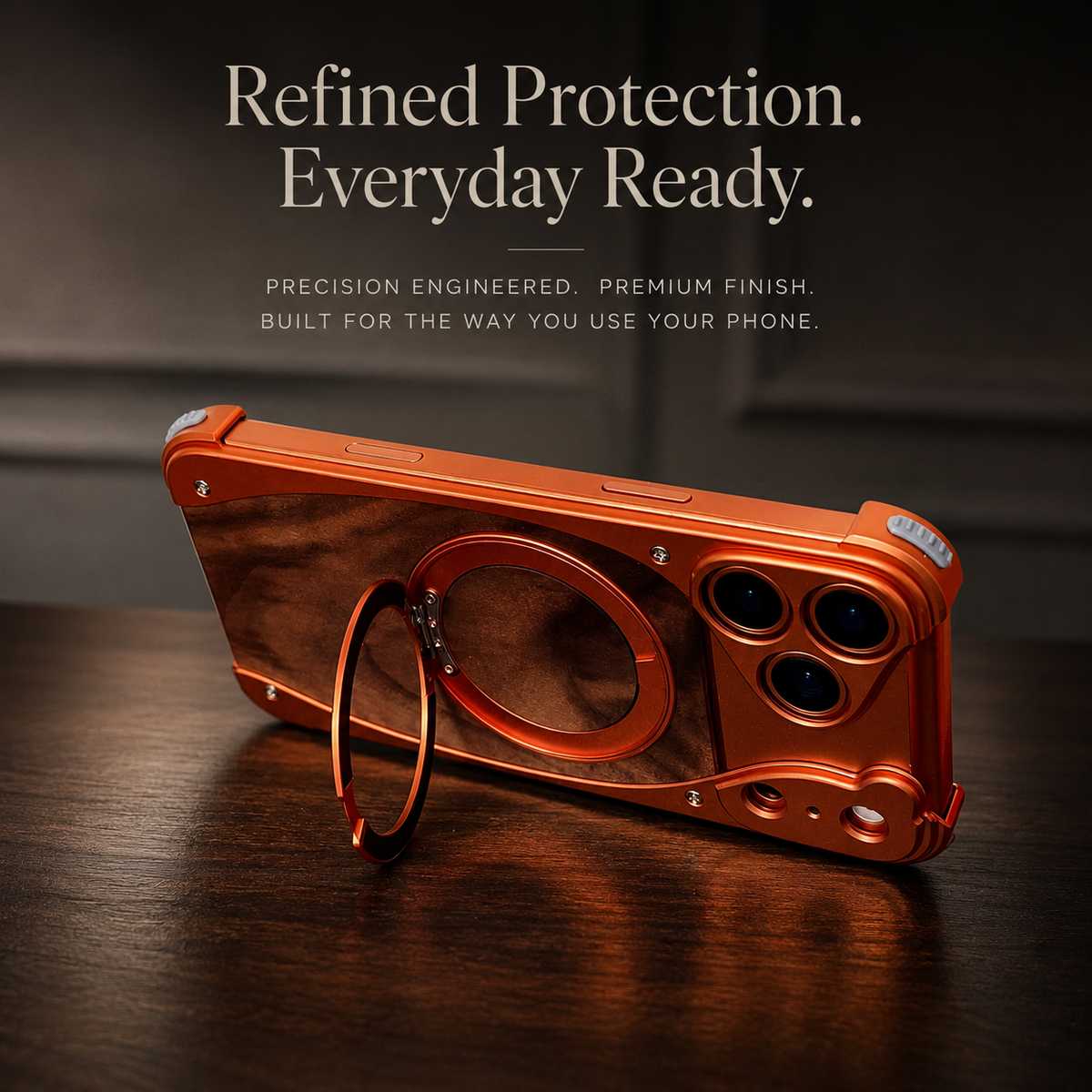 Premium iPhone Case MagSafe Compatible Walnut Wood Metal Frame Magnetic Rotating Ring Stand Shockproof Protective Cover Luxury Half Wrapped Design