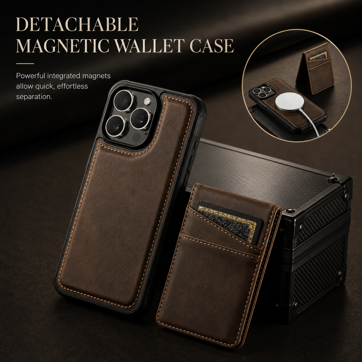 Premium iPhone Case Magnetic Detachable Wallet Flip Cover PU Leather Card Holder Cash Pocket Wrist Strap Shockproof Full Coverage Protective Design