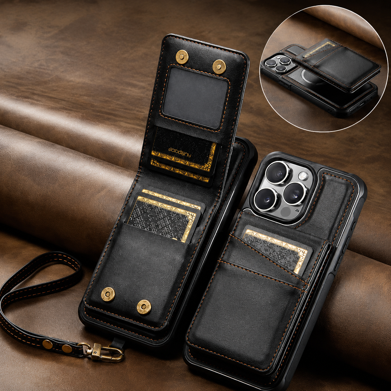 Premium iPhone Case Magnetic Detachable Wallet Flip Cover PU Leather Card Holder Cash Pocket Wrist Strap Shockproof Full Coverage Protective Design