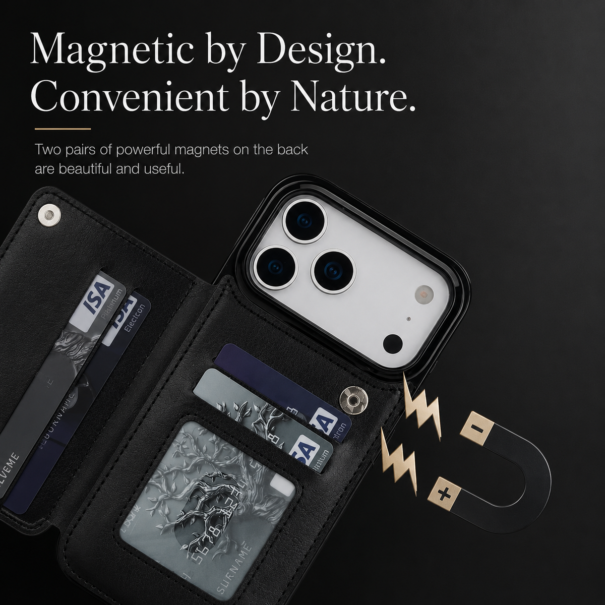 Premium iPhone Case Magnetic Flip Wallet Cover Card Holder Kickstand Shockproof Protective Faux Leather Camera Lens Guard Full Coverage Design
