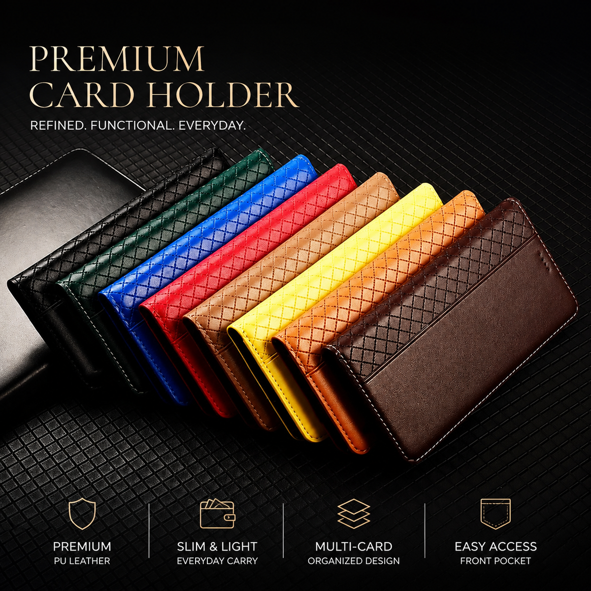 Premium iPhone Case Magnetic Flip Wallet Cover Cowhide Leather Grid Pattern Kickstand TPU Bumper Full Coverage Shockproof Slim Protective Design