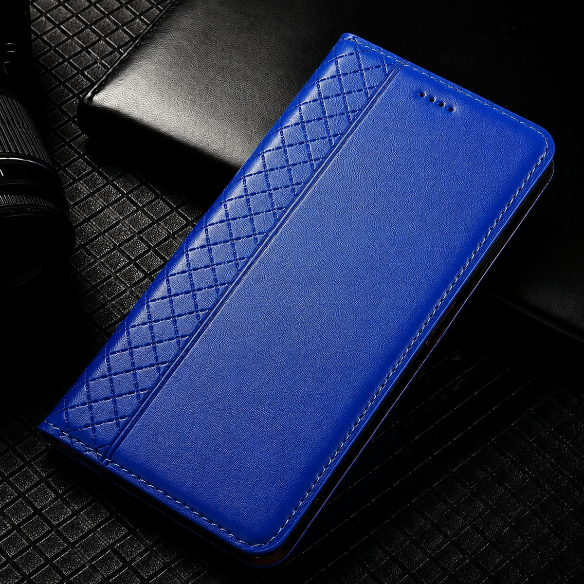 Premium iPhone Case Magnetic Flip Wallet Cover Cowhide Leather Grid Pattern Kickstand TPU Bumper Full Coverage Shockproof Slim Protective Design