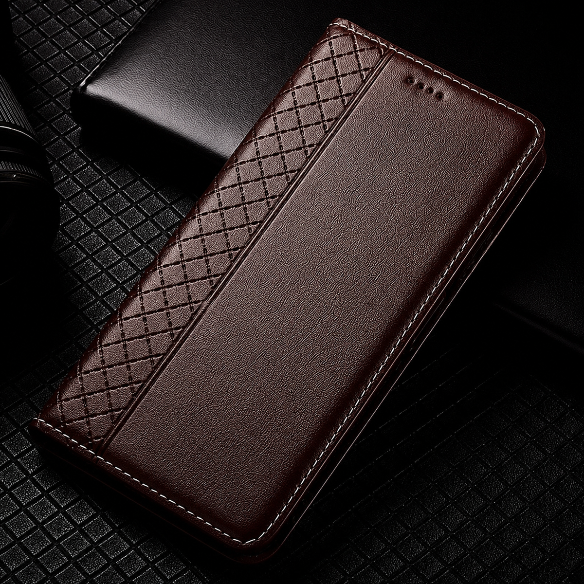Premium iPhone Case Magnetic Flip Wallet Cover Cowhide Leather Grid Pattern Kickstand TPU Bumper Full Coverage Shockproof Slim Protective Design
