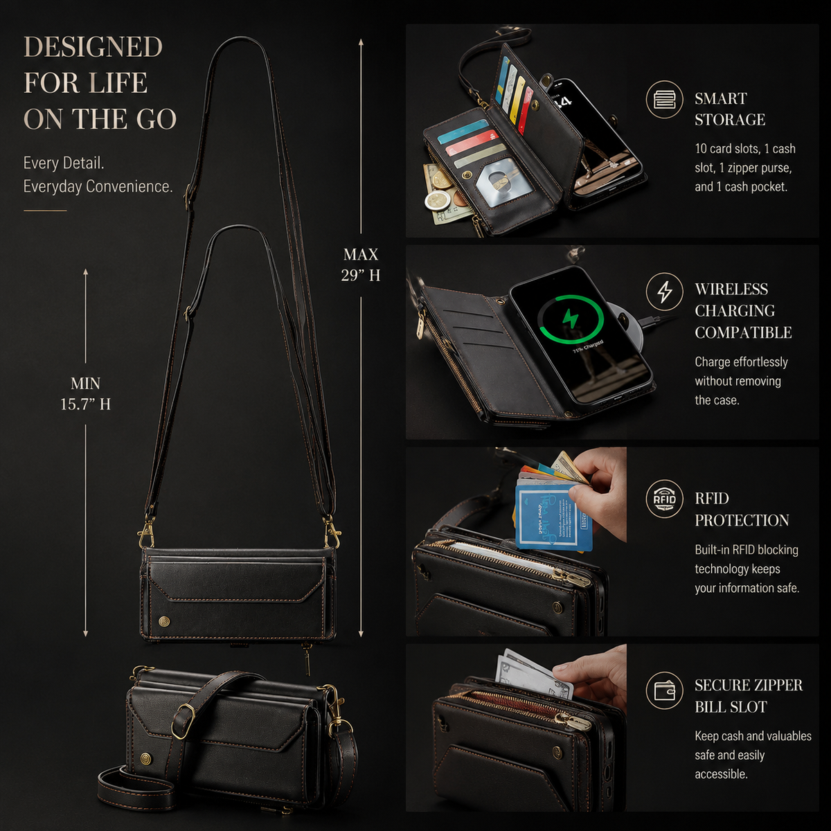 Premium iPhone Case Magnetic Flip Wallet PU Leather Cover RFID Blocking Card Holder Crossbody Strap Shockproof Full Coverage Slim Protective Design