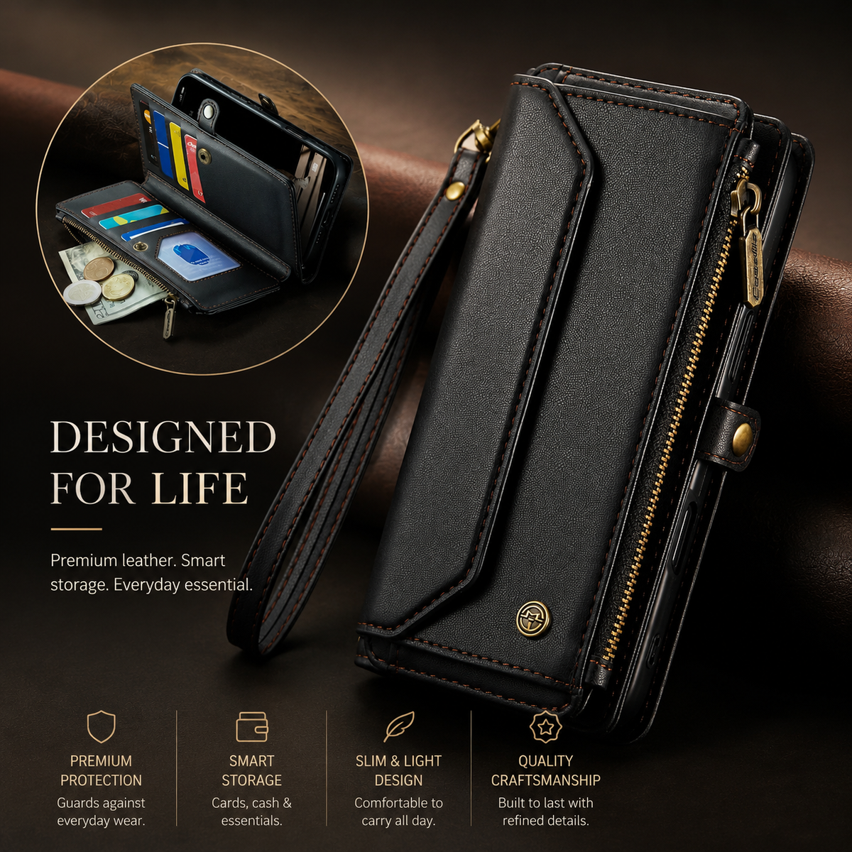 Premium iPhone Case Magnetic Flip Wallet PU Leather Cover RFID Blocking Card Holder Crossbody Strap Shockproof Full Coverage Slim Protective Design