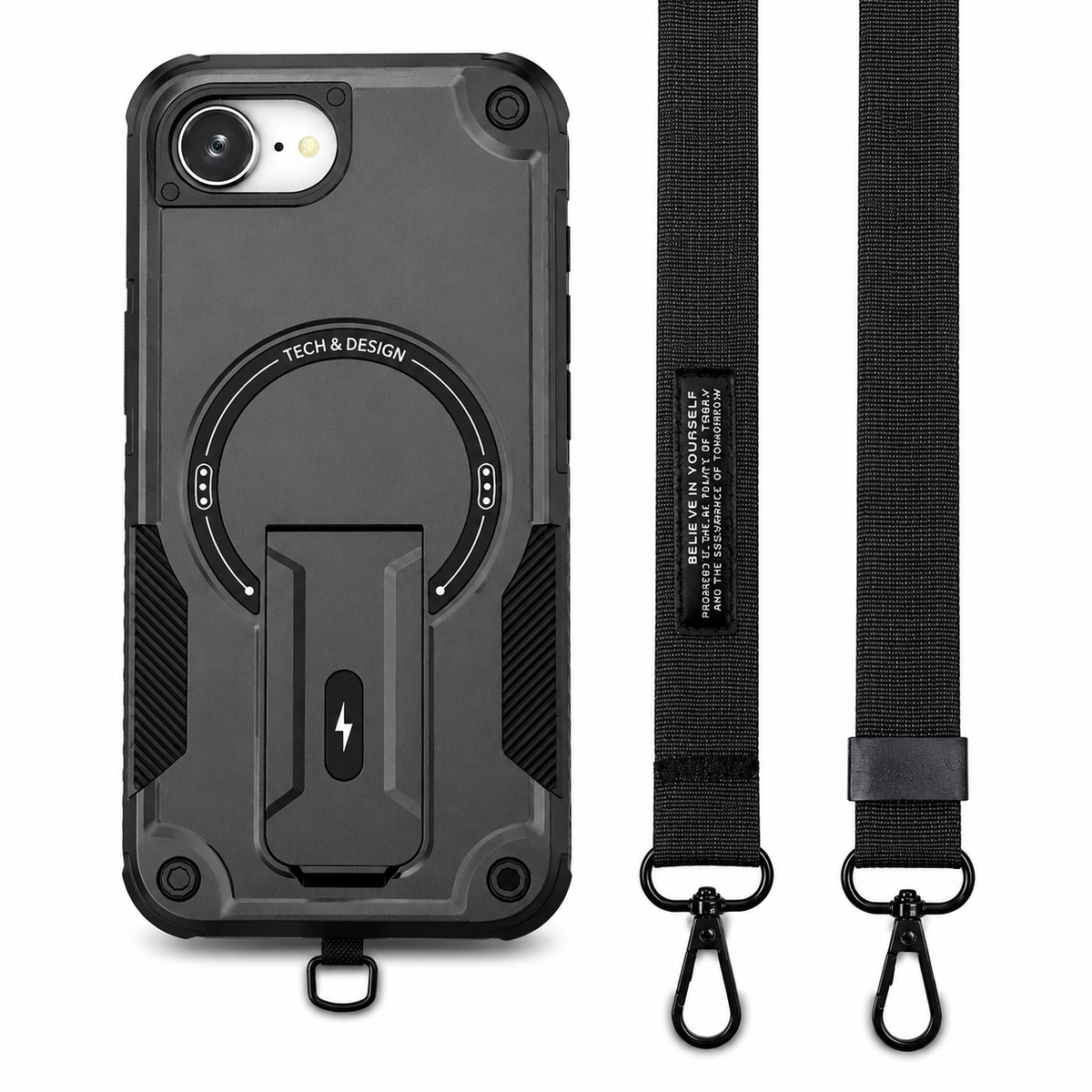 Premium iPhone Case Magnetic Rugged Shockproof Dual Layer PC TPU Cover Kickstand Lanyard Strap Heavy Duty Anti Slip Protective Full Coverage