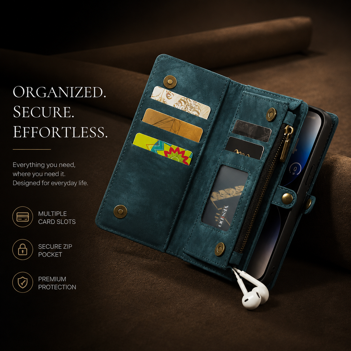 Premium iPhone Case Magnetic Wallet Cover Removable Leather Zipper Card Holder Lanyard Strap Shockproof Full Coverage Anti Scratch Protective Design